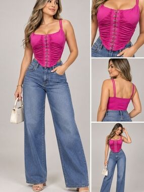 Fuchsia Ruched Corset-Style Camisole Top - Women